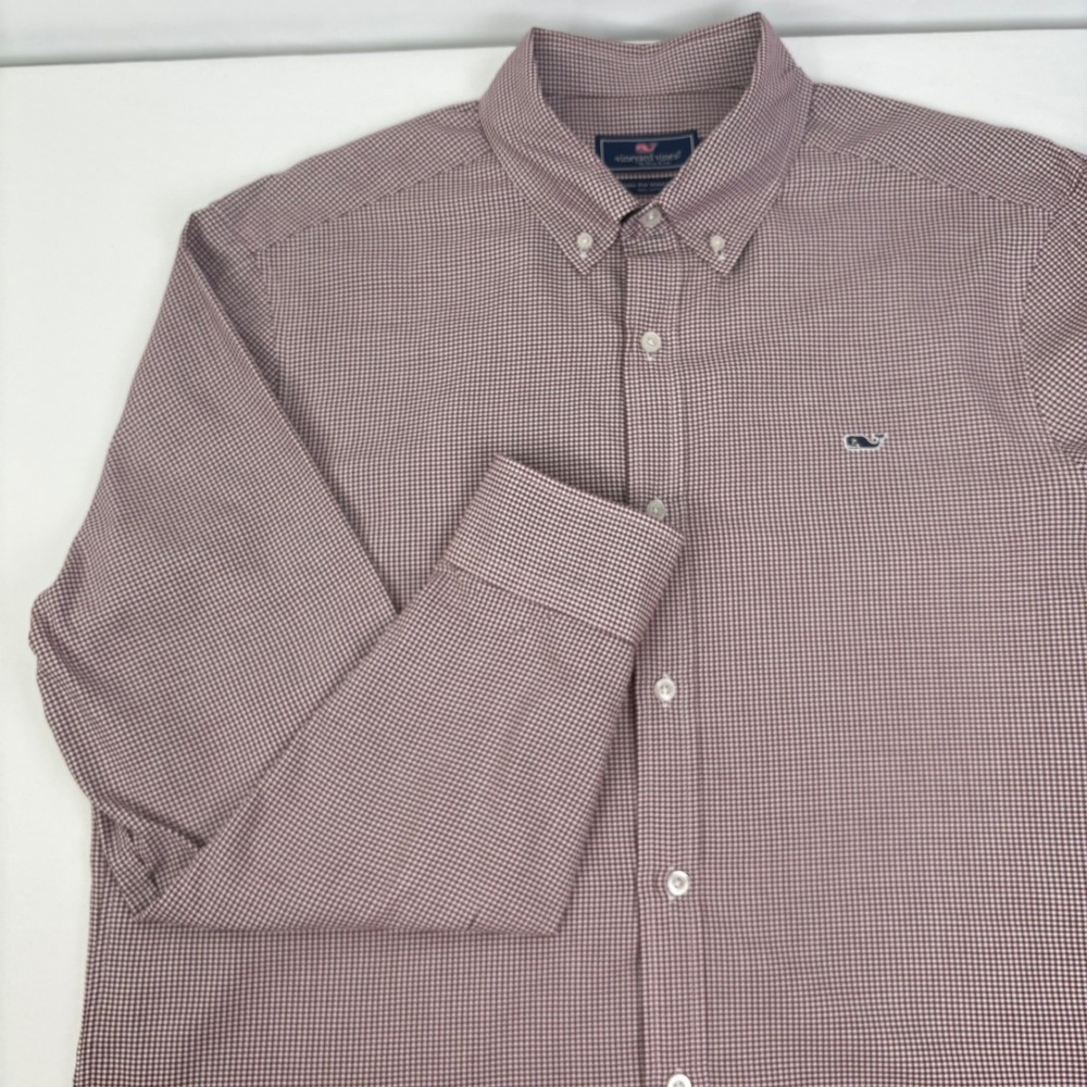 Vineyard Vines Mens Classic Fit L/S Whale Shirt Burgundy Gingham Button Down L